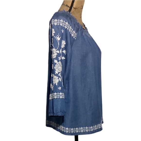 J Jill Denim XS Top Boho Peasant Blouse Smock Neck Heavy Embroider Denim Blue - Picture 3 of 9